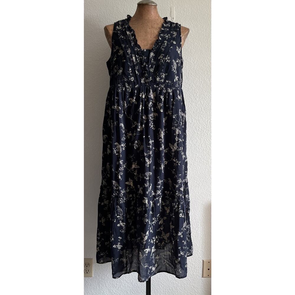 J.Jill Bird Sleeveless Dress Womens Medium Petite Navy Cotton Tiered Ruffle midi